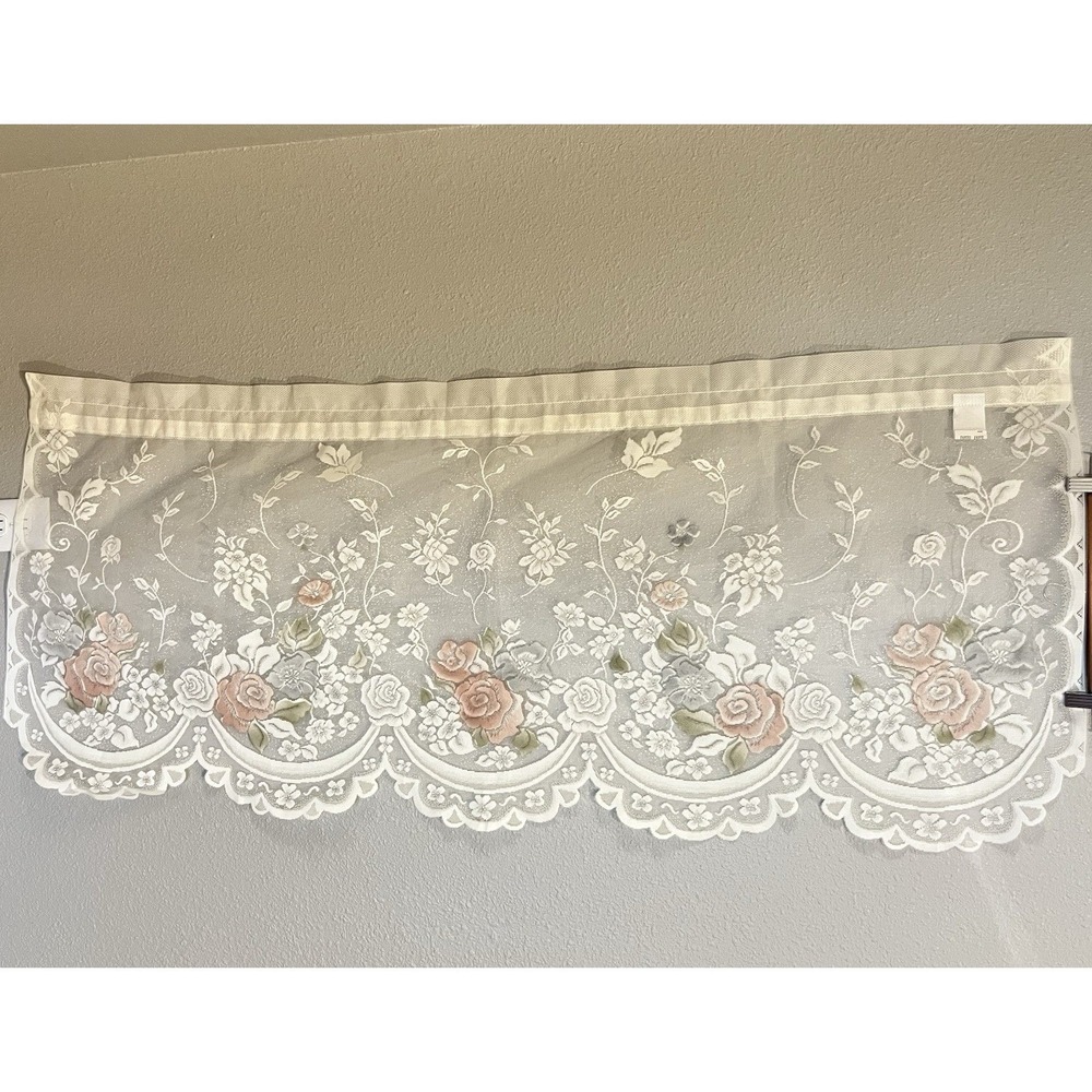 VTG Floral Colored Scalloped Sheer Lace Curtain Valance 56"x24" Cottage Romantic
